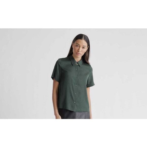 Quince Tops - Quince Washable Stretch Silk Short Sleeve Blouse Button Up Women XS Forest Green